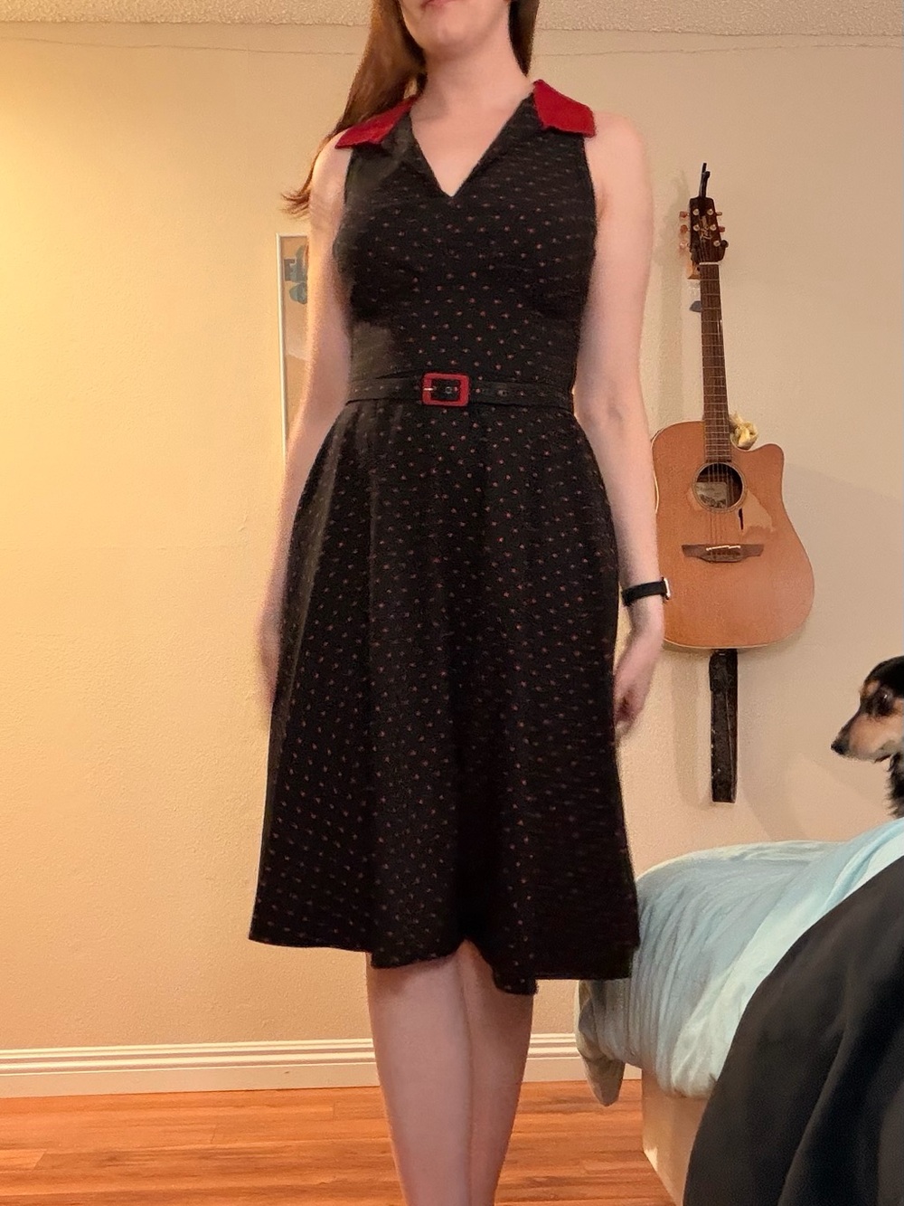 Stop Staring Black Midi Dress with Red Collar & Belt